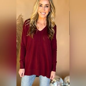 Maternity Friendly Sweater Dark Burgundy Red Hi Low